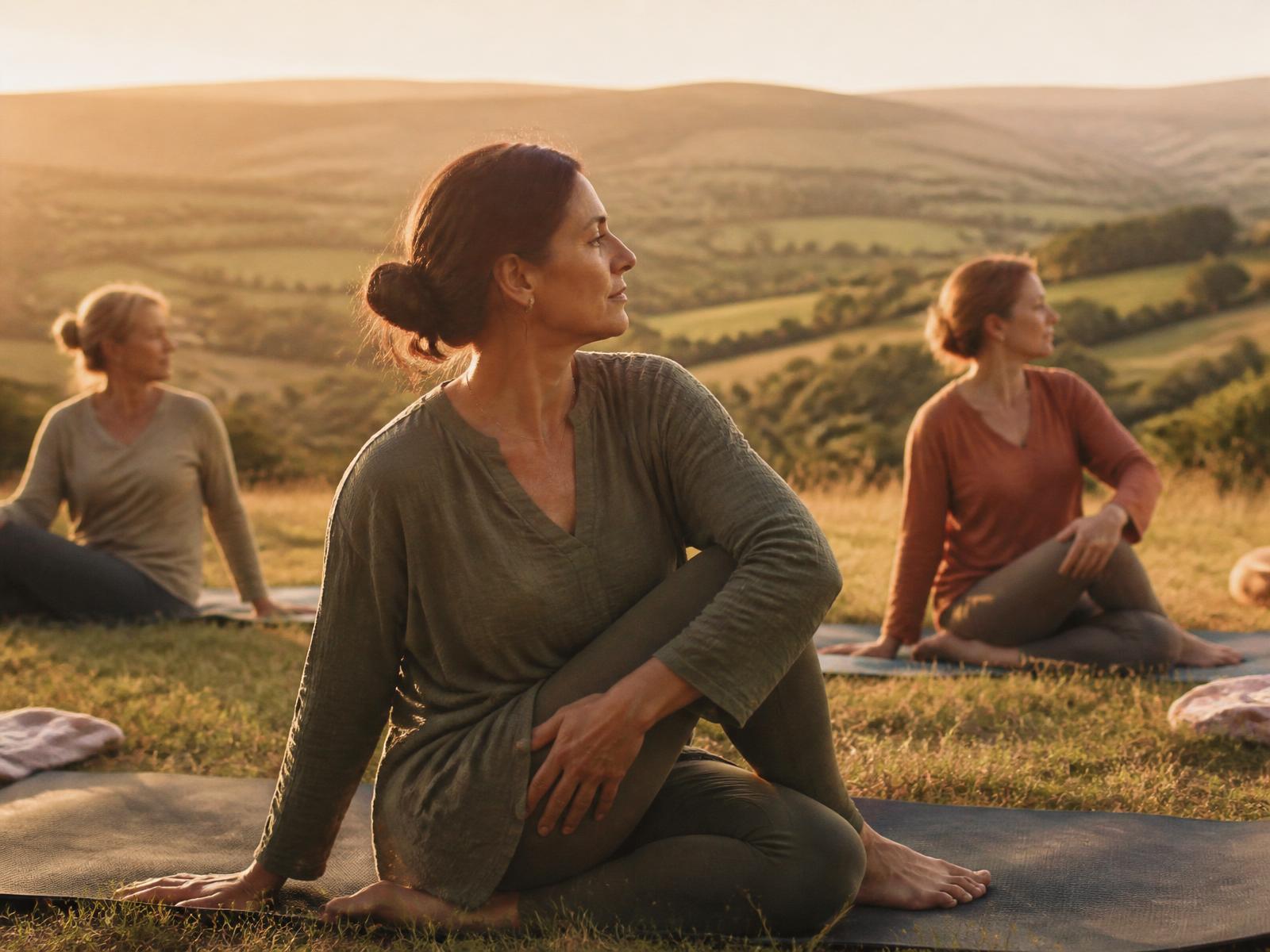 Women practising yoga at sunrise in the English countryside